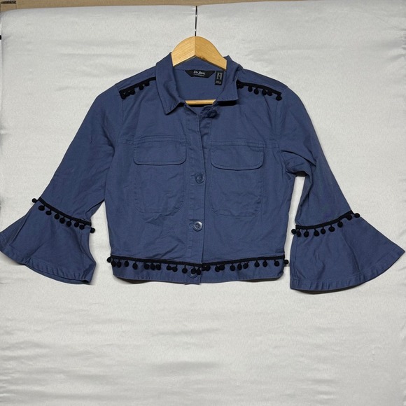Du Jour Women Blue Cropped Button Up Jacket Bell Sleeve Pom Pom Trim XS - Picture 2 of 11